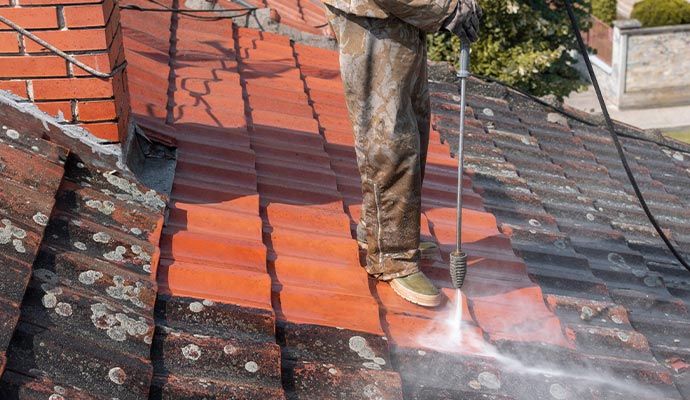 professional using equipment for roof cleaning
