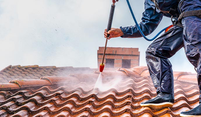 professional worker washing the roof with power wash pressurized water